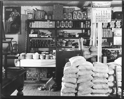 [Interior of General Store with Stacks of Yeast Sacks, Moundville, Alabama]