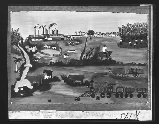 [Painting by Cuban Folk Artist Adolfo Galvez Tacked to Back Boards of Framed Ben Shahn Painting "Prospect Park, Brooklyn"]