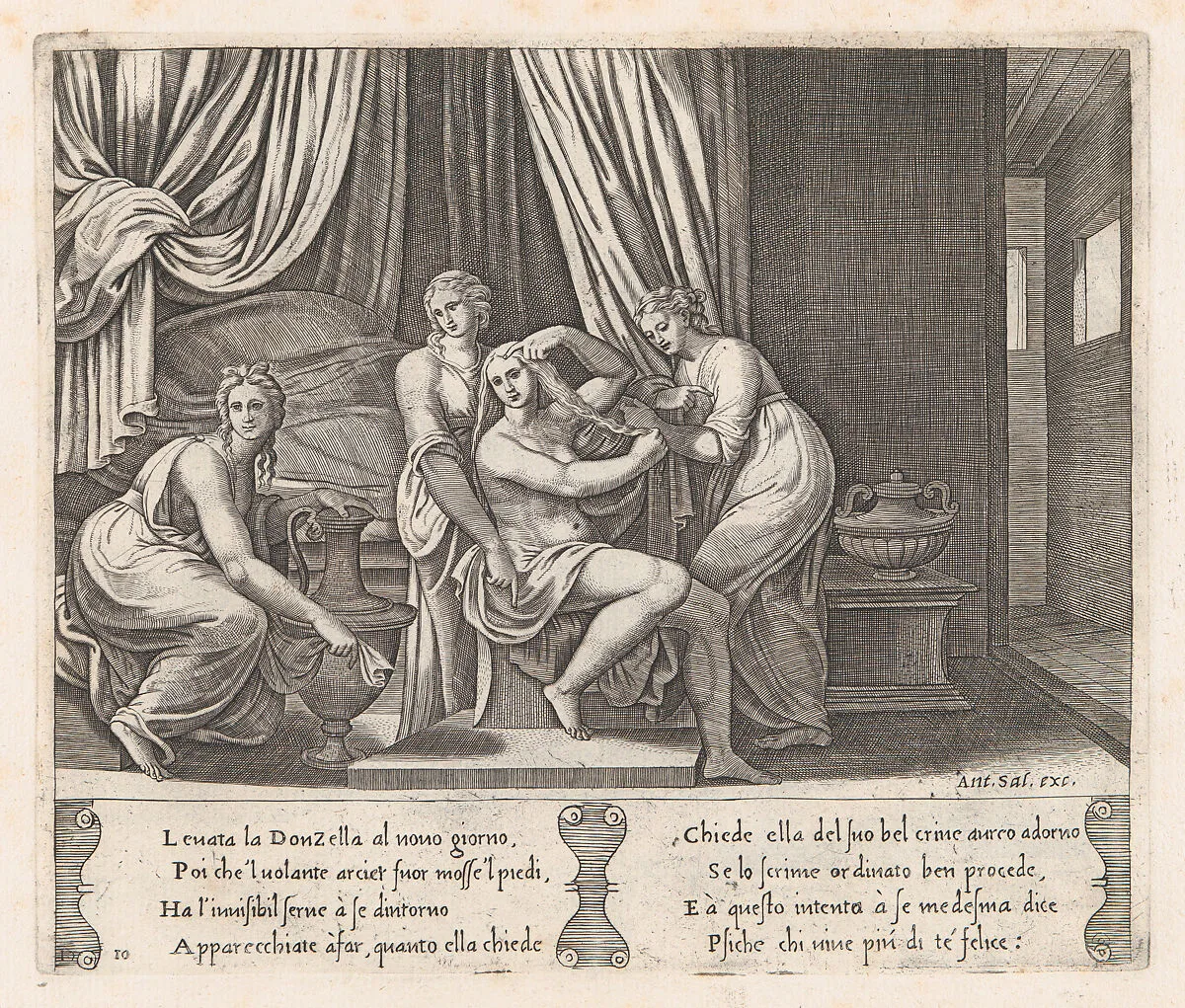 Plate 10: Nymphs dressing Psyche's hair, from "The Story of Cupid and Psyche as told by Apuleius" — Antonio Salamanca|Master of the Die|Michiel Coxie (I)