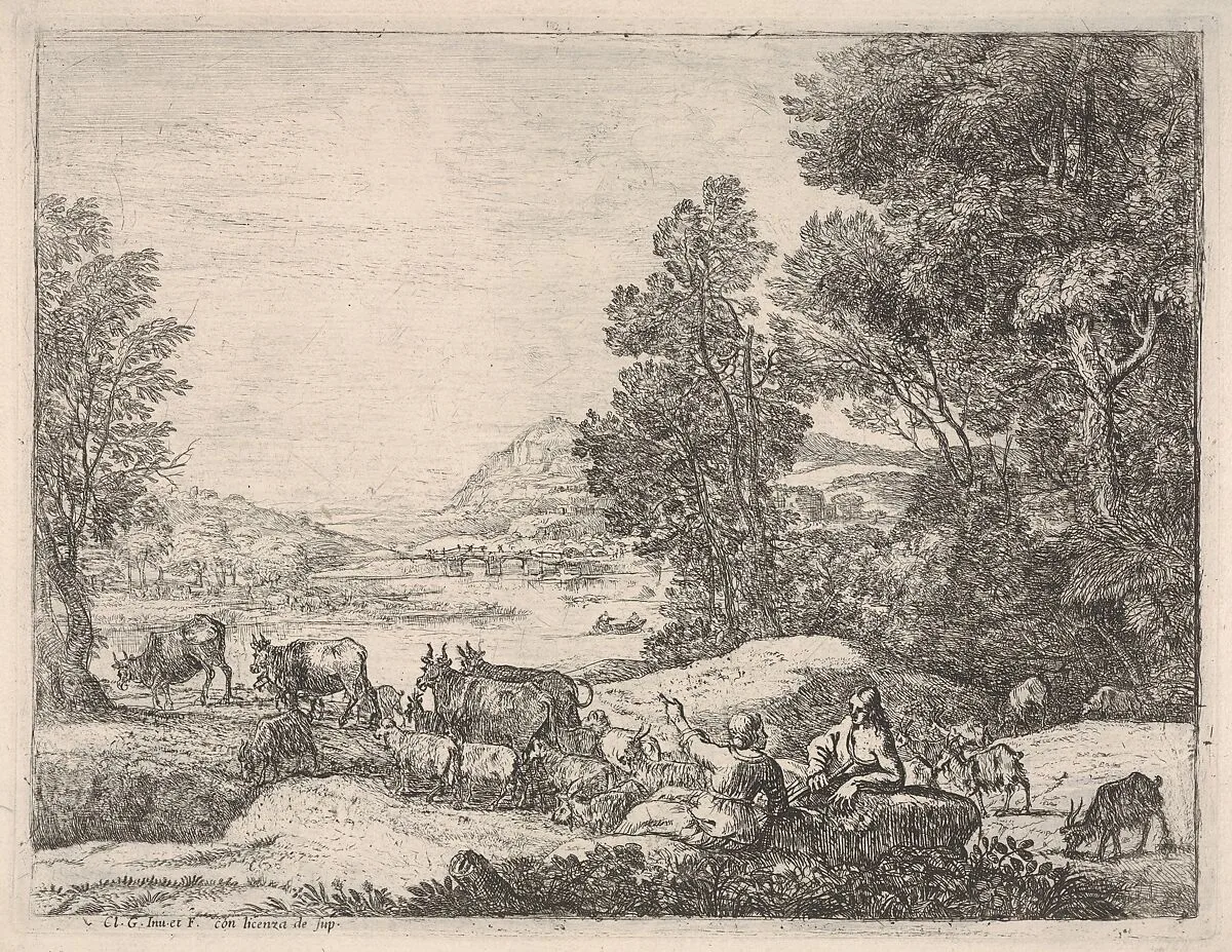 Shepherd and shepherdess conversing in a landscape, with a bridge in the background — Claude Lorrain (Claude Gellée)