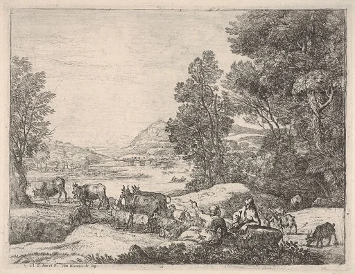 Shepherd and shepherdess conversing in a landscape, with a bridge in the background