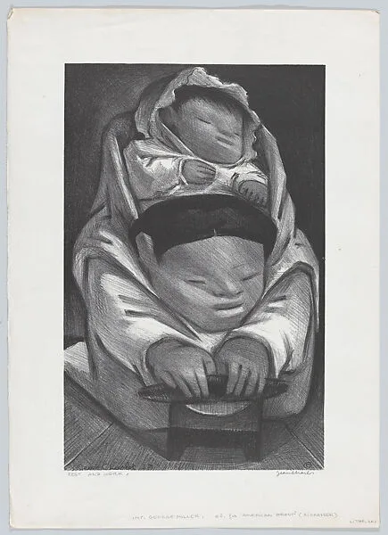Rest and Work; a woman making a tortilla with a child on her back — Jean Charlot|George C. Miller