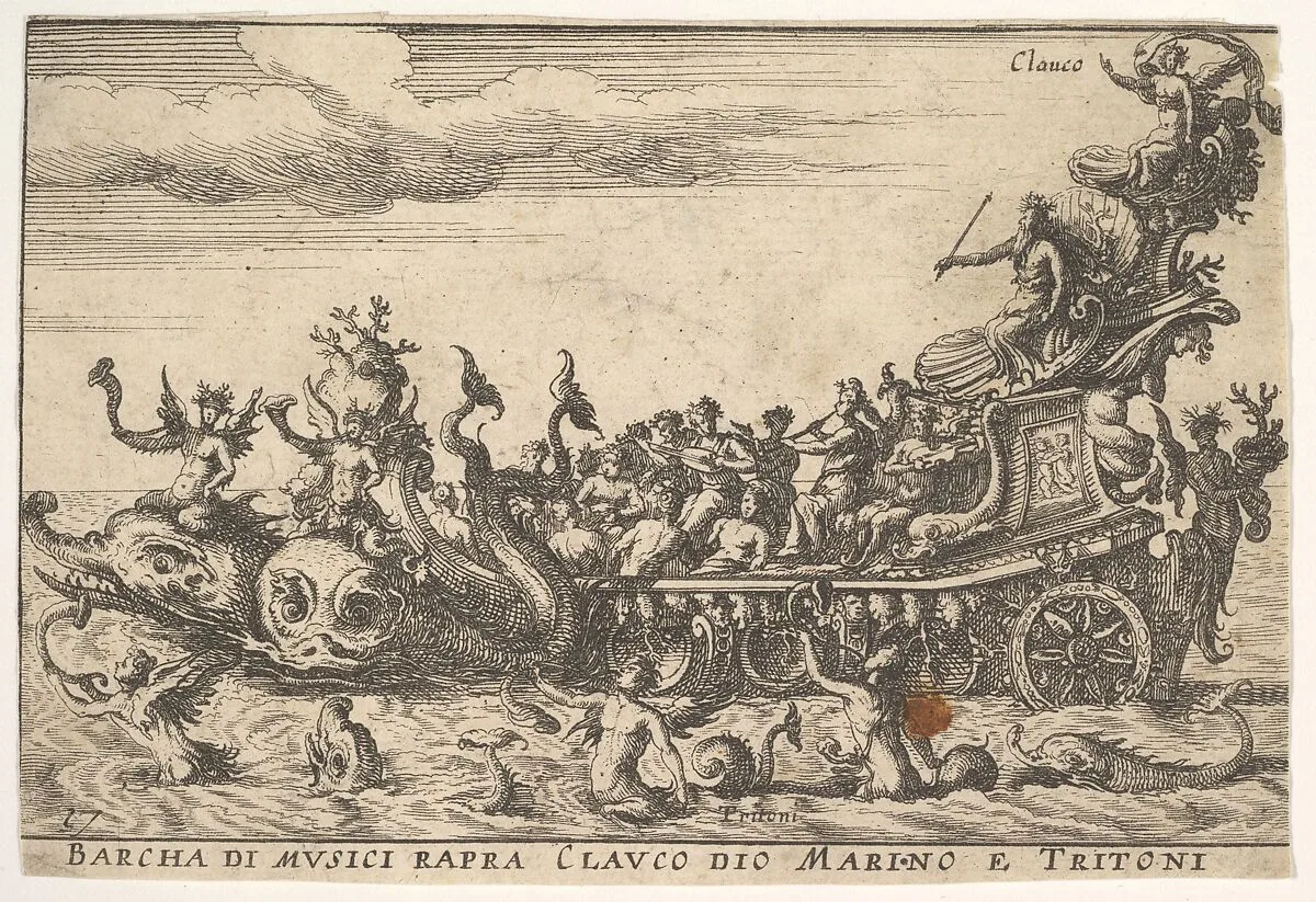 Plate 16: Ship of musicians with the sea god Claucus and tritons (Barcha di musici rapra Clauco dio marino e Tritoni), from the series 'The magnificent pageant on the river Arno in Florence for the marriage of the Grand Duke' (Le Magnifique carousel fait sur le fleuve de l'Arne a Florence, pour le mariage du Grand Duc), for the wedding celebration of Cosimo de' Medici in Florence, 1608 — Anonymous|Giulio Parigi|Remigio Cantagallina|Jean Sauvé