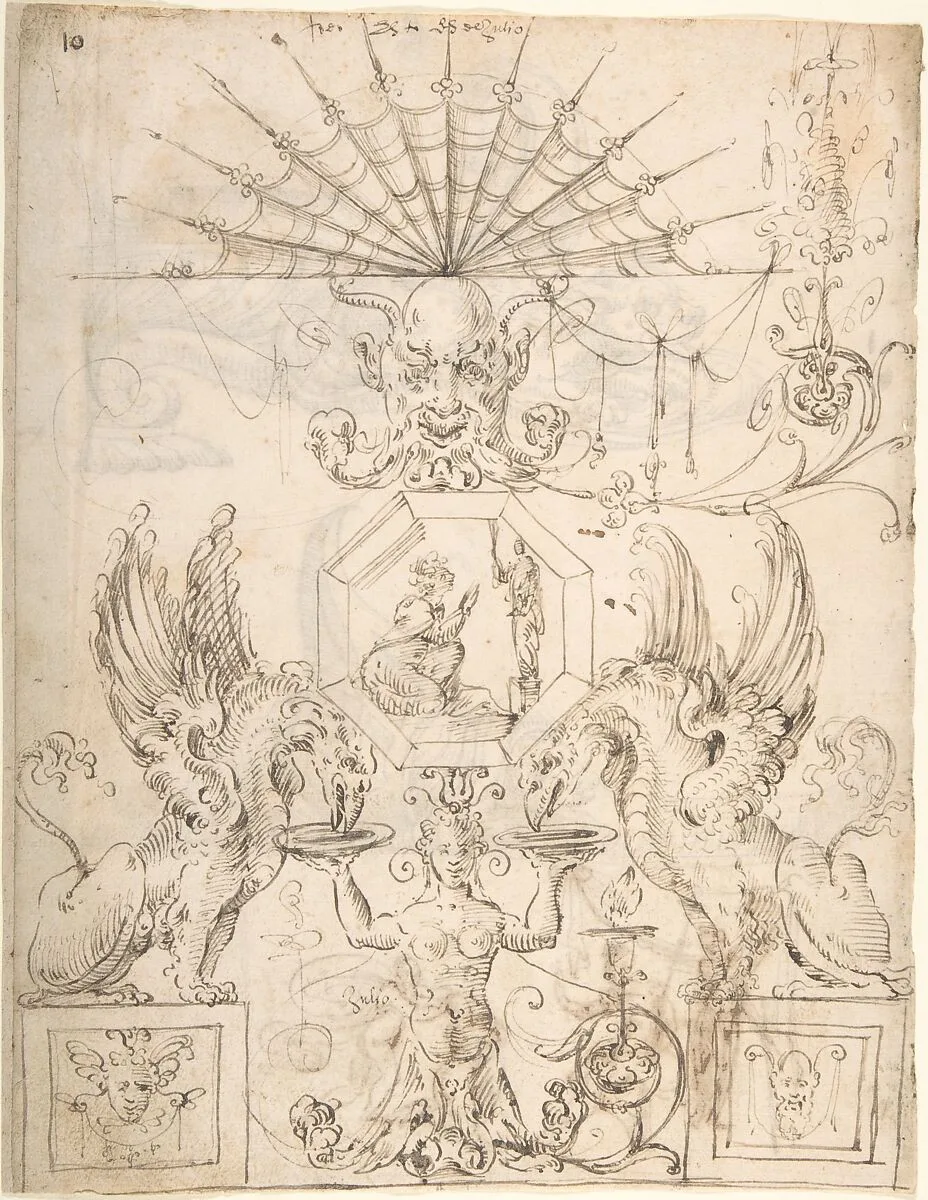Griffins, female grotesque, mask and figures (recto); two turtle-like creatures and a scene with figures (verso) — Andrés de Melgar