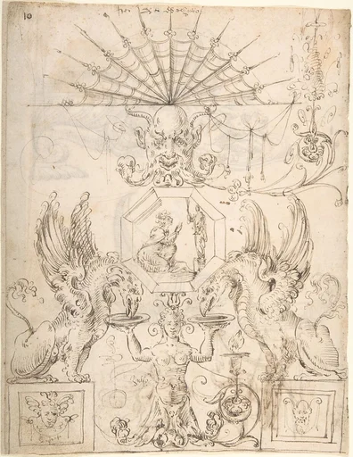 Griffins, female grotesque, mask and figures (recto); two turtle-like creatures and a scene with figures (verso)