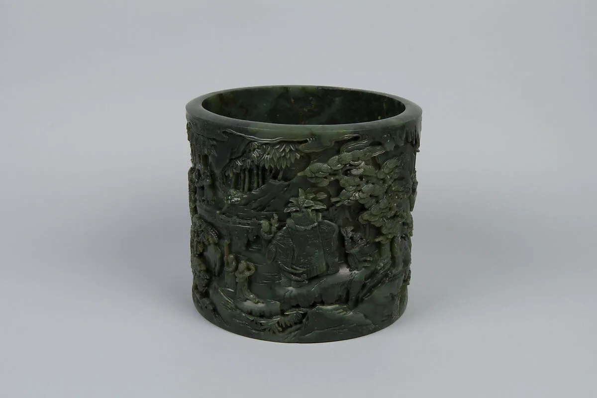清中期 八蠻進寶圖玉筆筒|Brush holder with tribute scene — Unknown