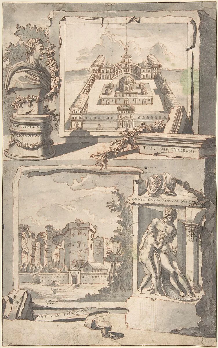 Reconstruction of the Thermae of Titus (above) and a View of the Ruins (below) — Jan Goeree
