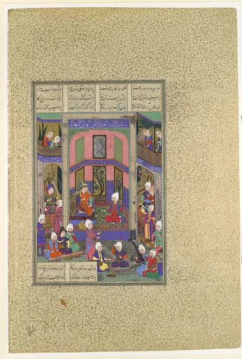 "Manuchihr Welcomes Sam but Orders War upon Mihrab", Folio 80v from the Shahnama (Book of Kings) of Shah Tahmasp