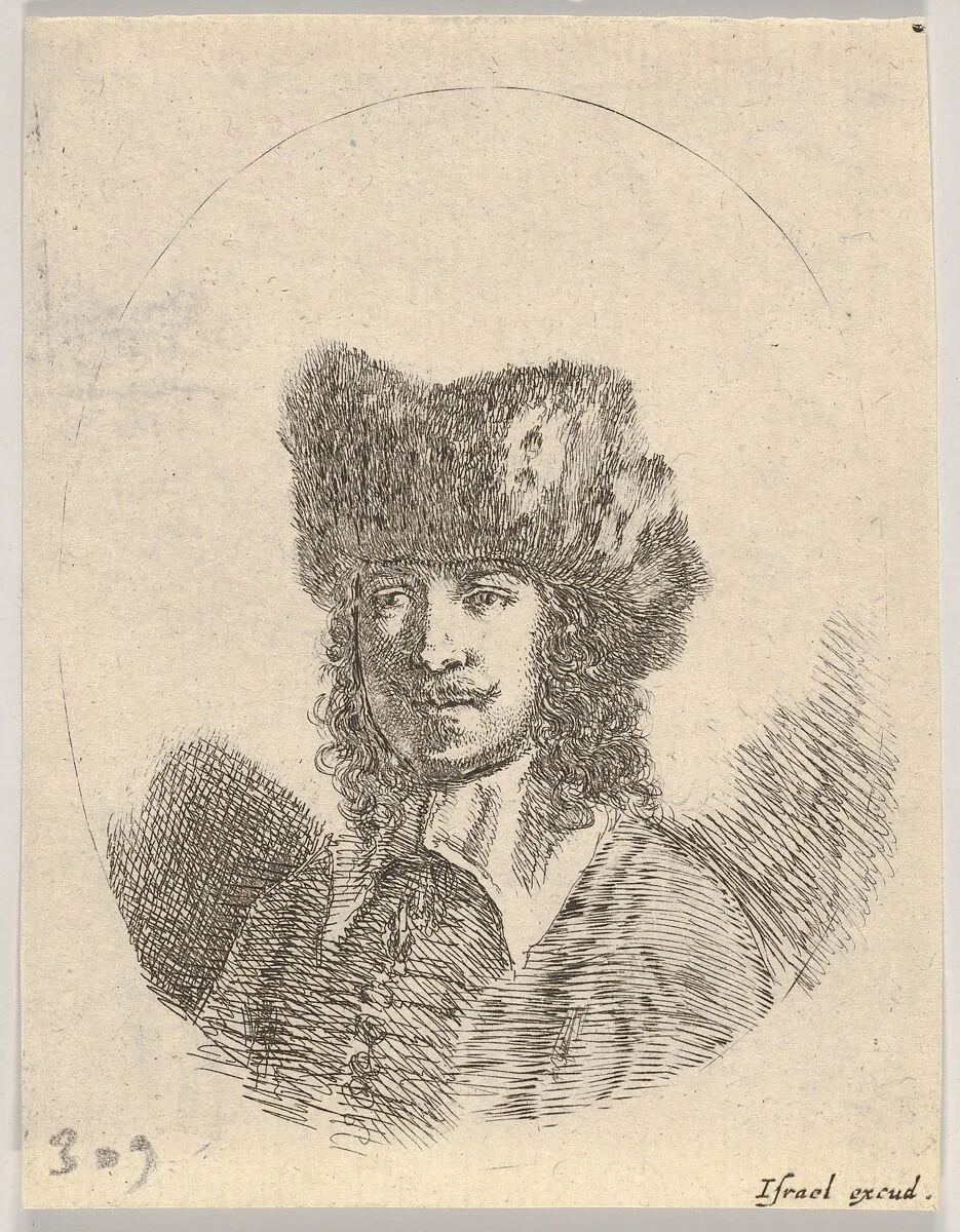 Plate 2: head of a man with a moustache and fur cap facing left, an oval composition, from 'Various heads and figures' (Diverses têtes et figures) — Stefano della Bella|Israël Henriet