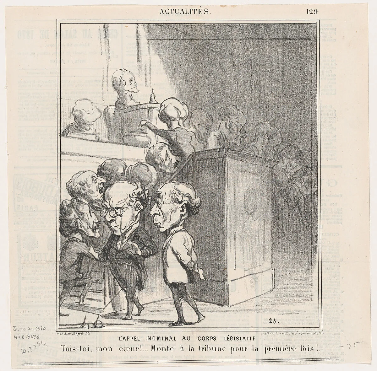 The first roll-call of the new legislature –Be still my beating heart... Go to the tribune for the first time!, from 'News of the day,' published in Le Charivari, June 21, 1870 — Walter Frères|Arnaud de Vresse|Honoré Daumier