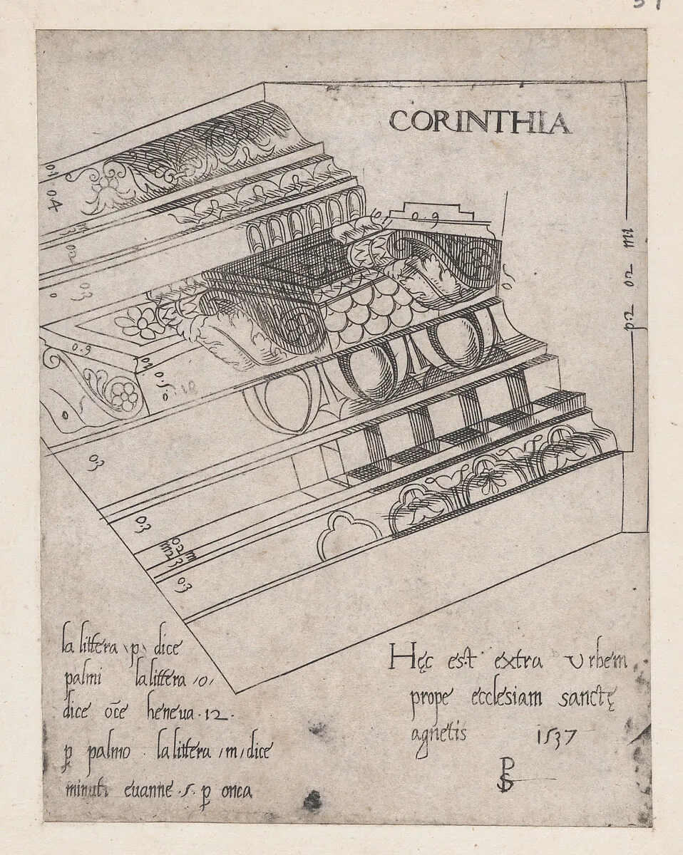 Speculum Romanae Magnificentiae: Corinthian entablature — Master PS|Jacques Prevost de Gray