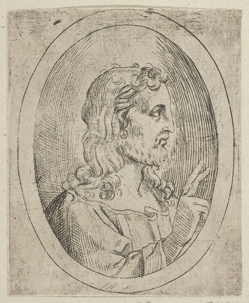 Christ seen in profile facing right, making the sign of blessing with his right hand, in an oval frame, from "Christ, the Virgin, and Thirteen Apostles" — Anonymous, 17th century|Guido Reni