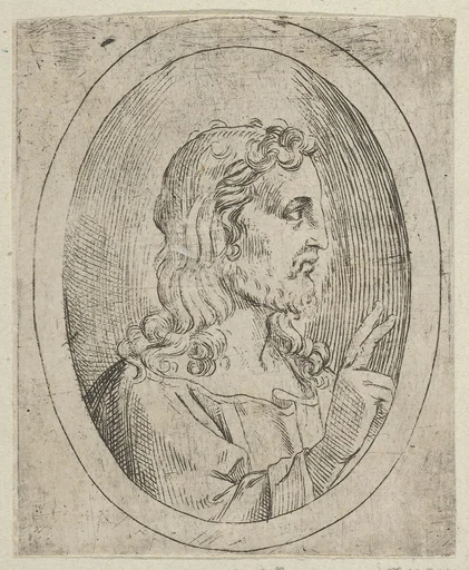 Christ seen in profile facing right, making the sign of blessing with his right hand, in an oval frame, from "Christ, the Virgin, and Thirteen Apostles"