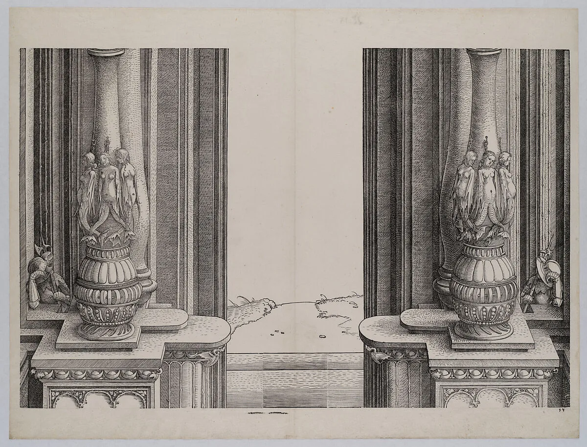 The Middle Section of the Entryway to the Central Portal, the Columns Decorated by Sirens and Sleeping Soldiers Behind, from the Arch of Honor, proof, dated 1515, printed 1517-18 — Wolf Traut|Hans Springinklee|Hieronymus Andreae|Albrecht Dürer