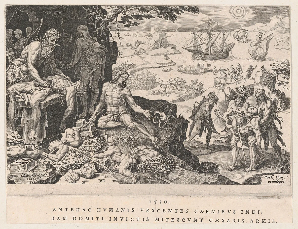 The Imperial Troops Bringing Civilization to the Indians, from The Victories of Emperor Charles, plate 6 — Dirck Volckertsz Coornhert|Maarten van Heemskerck|Hieronymus Cock