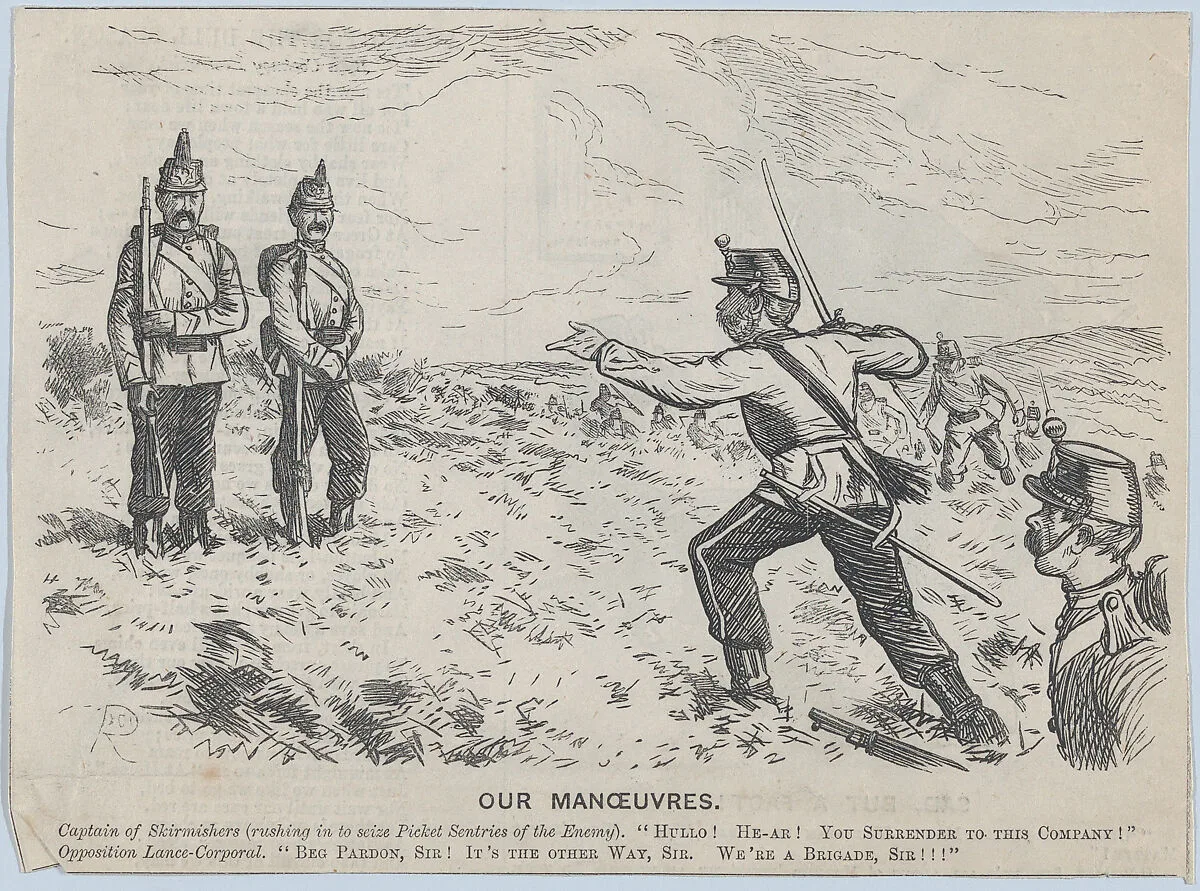 Our Manoeuvres – Captain of Skirmishers Addresses a Lance-Corporal (recto); Sad, But a Fact! (verso) (Punch, or the London Charivari, September 20, 1873, pp. 120-121) — Anonymous, British, 19th century|George Du Maurier
