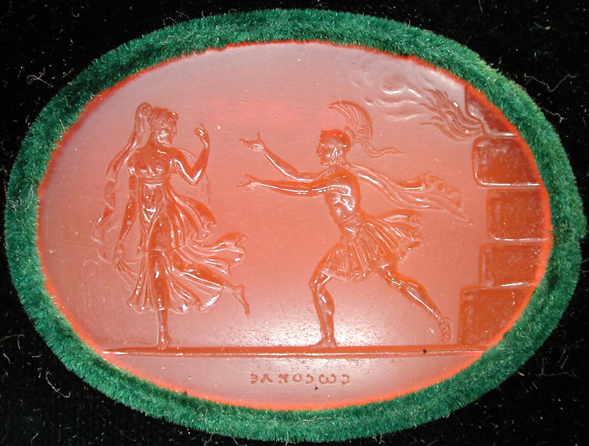 The ghost of Creusa disappearing from Aeneas near the burning wall of Troy — Unknown