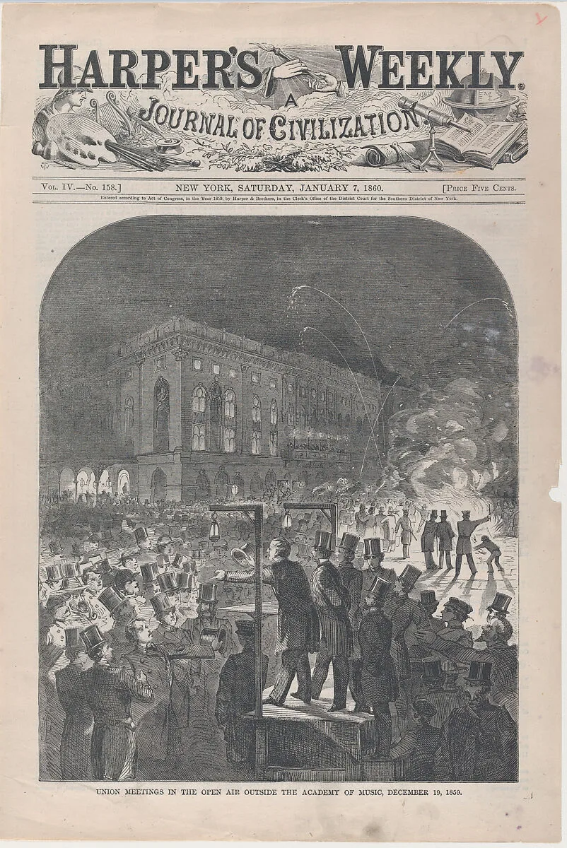 Union Meetings in the Open Air Outside the Academy of Music, December 19, 1859 (from "Harper's Weekly," Vol. III) — Winslow Homer|Harper's Weekly|Harper & Brothers