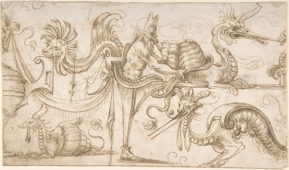 Term with snails and strapwork (recto); Candelabra grotesque with two figures (verso) — Andrés de Melgar