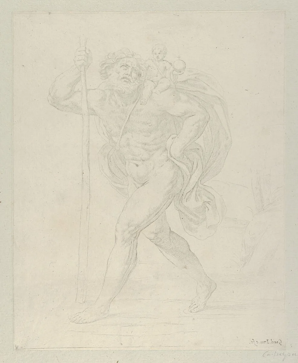 Saint Christopher walking with the infant Christ on his left shoulder, counterproof — Guido Reni