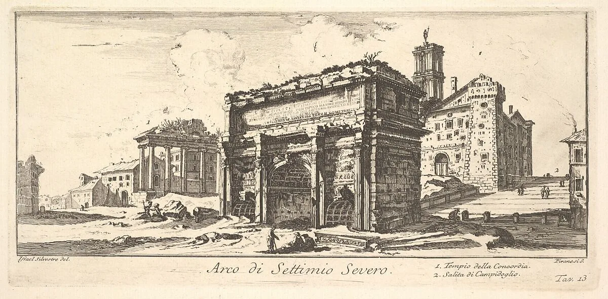 Plate 13: Arch of Settimius Severus 1. Temple of Concord. 2. Ascent to the Capitoline Hill (Arco di Settimio Severo. 1. Tempio della Concordia. 2. Salita di Campidoglio.), from "Antichità Romane de' Tempi della Repubblica, e de' primi Imperatori" — Giovanni Battista Piranesi|Israel Silvestre