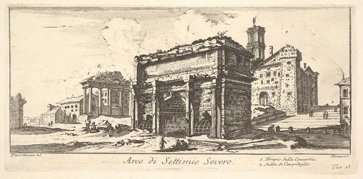 Plate 13: Arch of Settimius Severus 1. Temple of Concord. 2. Ascent to the Capitoline Hill (Arco di Settimio Severo. 1. Tempio della Concordia. 2. Salita di Campidoglio.), from "Antichità Romane de' Tempi della Repubblica, e de' primi Imperatori"