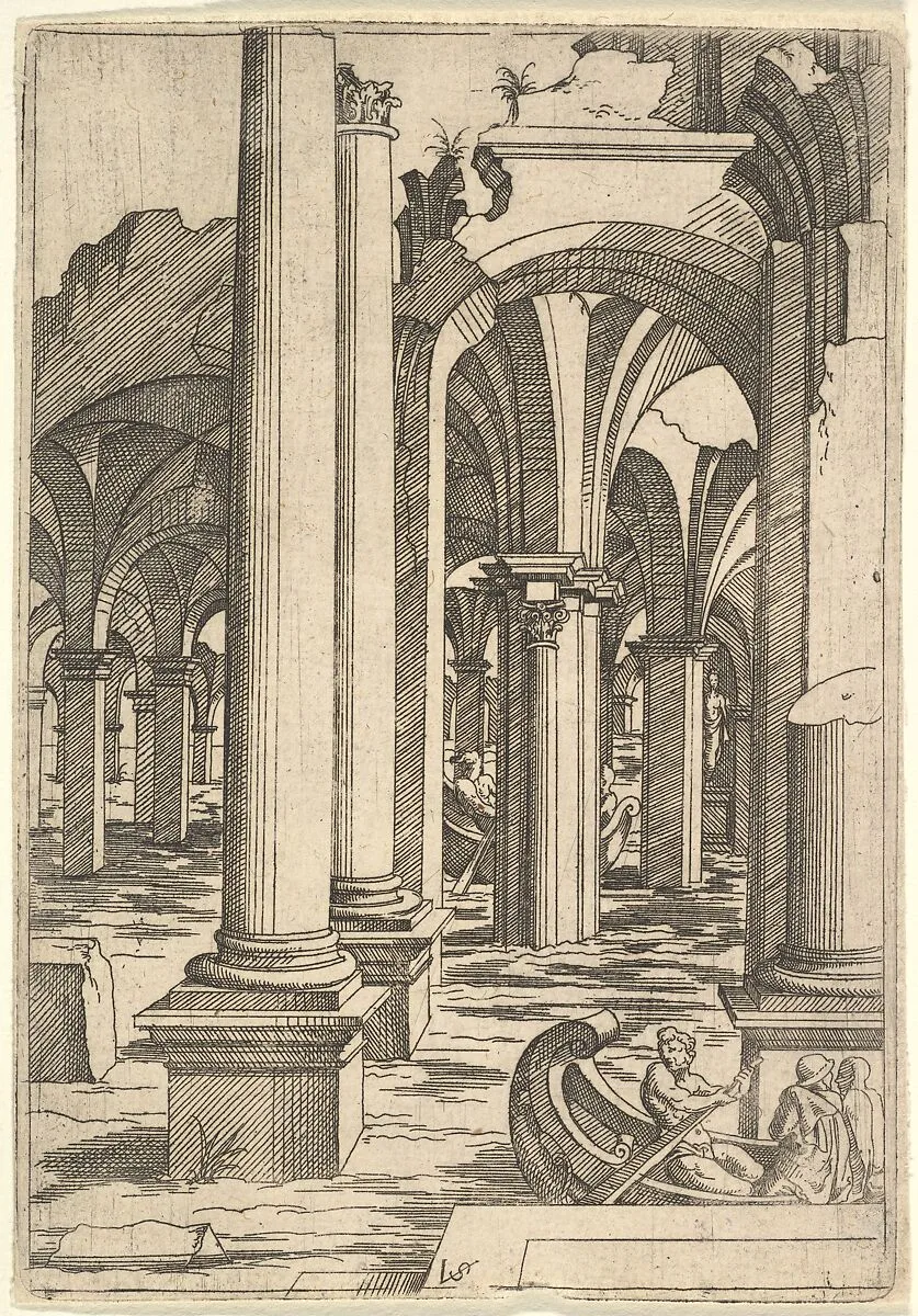 Boats Rowed Through Inundated Ruins — Virgil Solis|Leonard Thiry|Jacques Androuet Du Cerceau