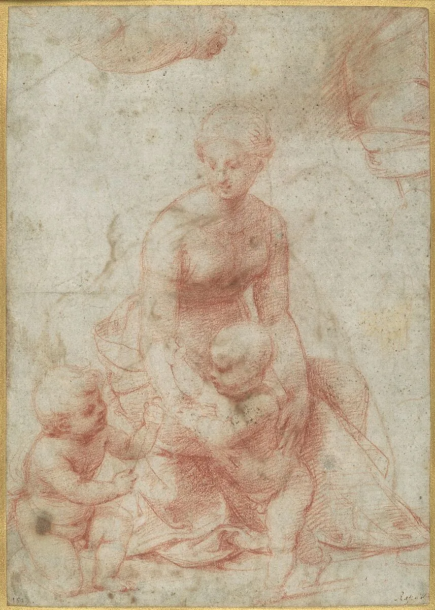 Madonna and Child with the Infant Saint John the Baptist; upper left, Study for the Right Arm of the Infant Saint John; upper right, Study for Drapery (recto); Study of a Nude Male Figure (verso) — Raphael (Raffaello Sanzio or Santi)