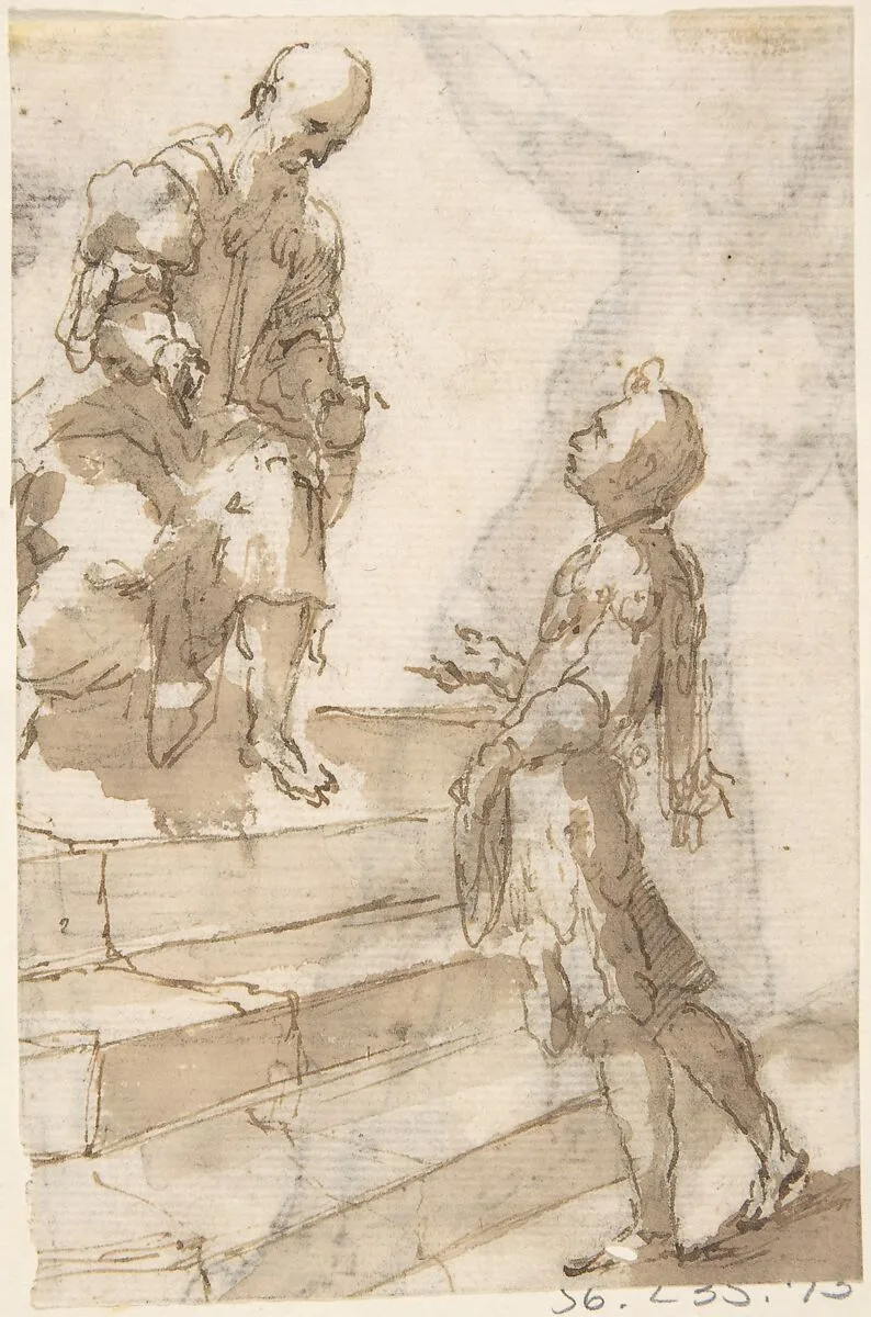 Young Man Approaching Old Bearded Man Who Stands on Steps (recto); Male Nude with Bent Right Knee (verso) — Anonymous, Spanish, School of Seville, 17th century