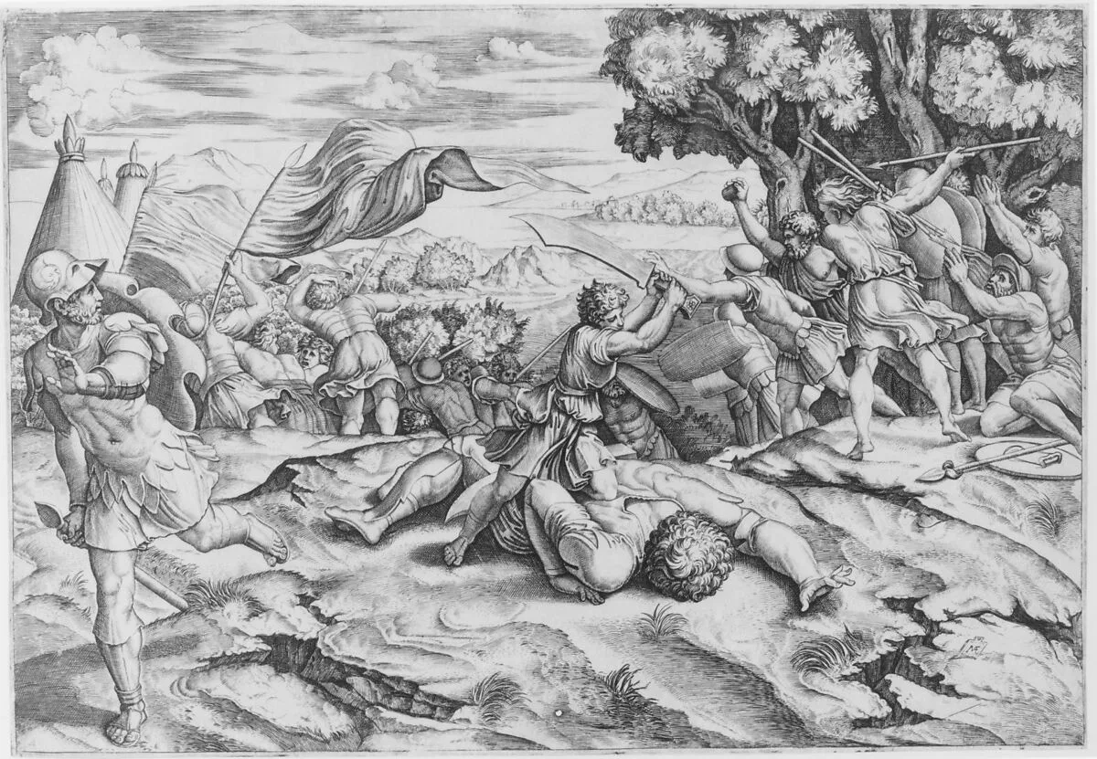 David raising sword to decapitate a fallen Goliath among battling soldiers — Marcantonio Raimondi|Raphael (Raffaello Sanzio or Santi)