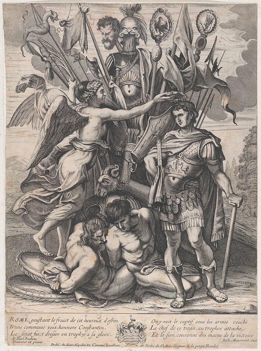The Trophy of Constantine, with Victory at left crowning the emperor with a laurel, behind them a bounty of arms, armor, prisoners, and Maxentius' head on a stick — Balthazar Moncornet|Anonymous|Peter Paul Rubens
