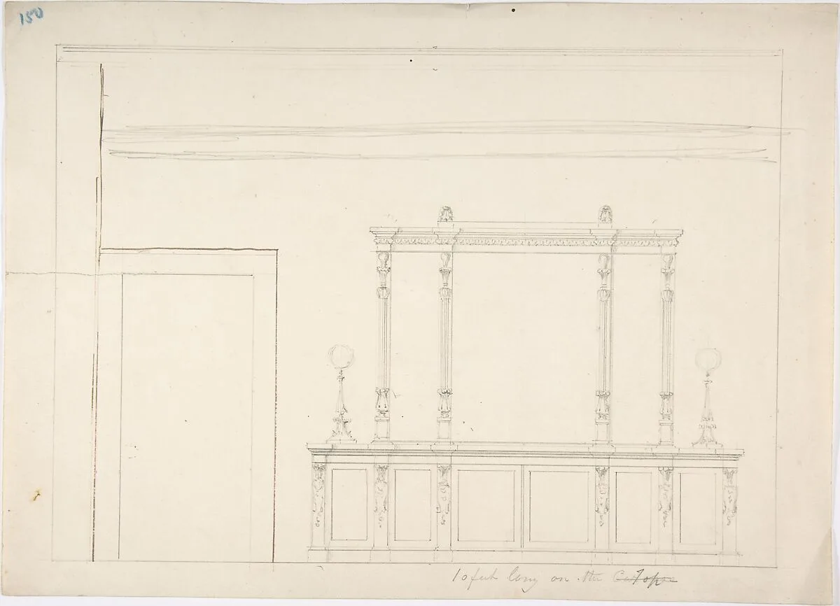 Design for a Large Mirrored Cabinet Adorned with Two Lamps — Anonymous, British, 19th century