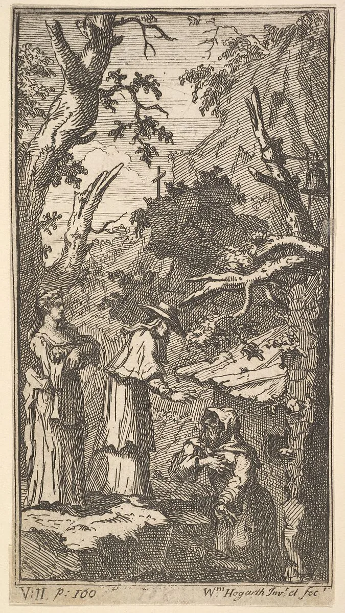 The New Metamorphosis, Plate 7: The Cardinal, a Hermit and Donna Angela Holding Fantasio — William Hogarth|Charles Gildon|Lucius Madaurensis Apuleius
