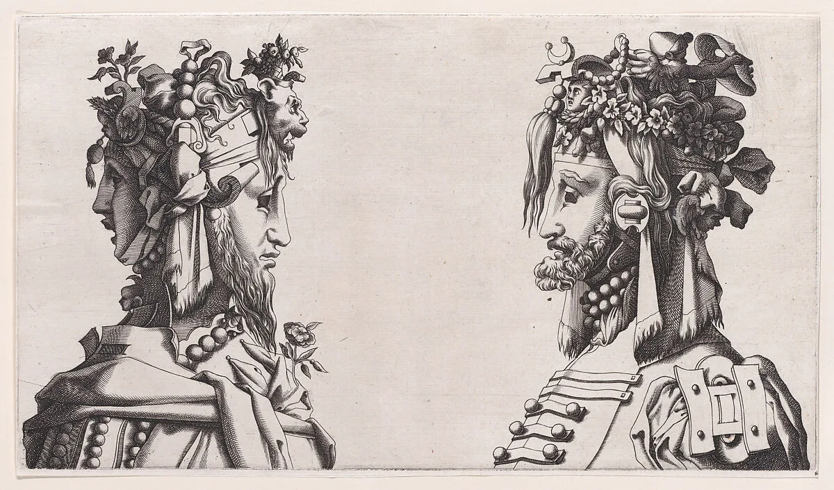 Fantastical Masked Masculine Heads — René Boyvin|Rosso Fiorentino|Anonymous, French, 16th century