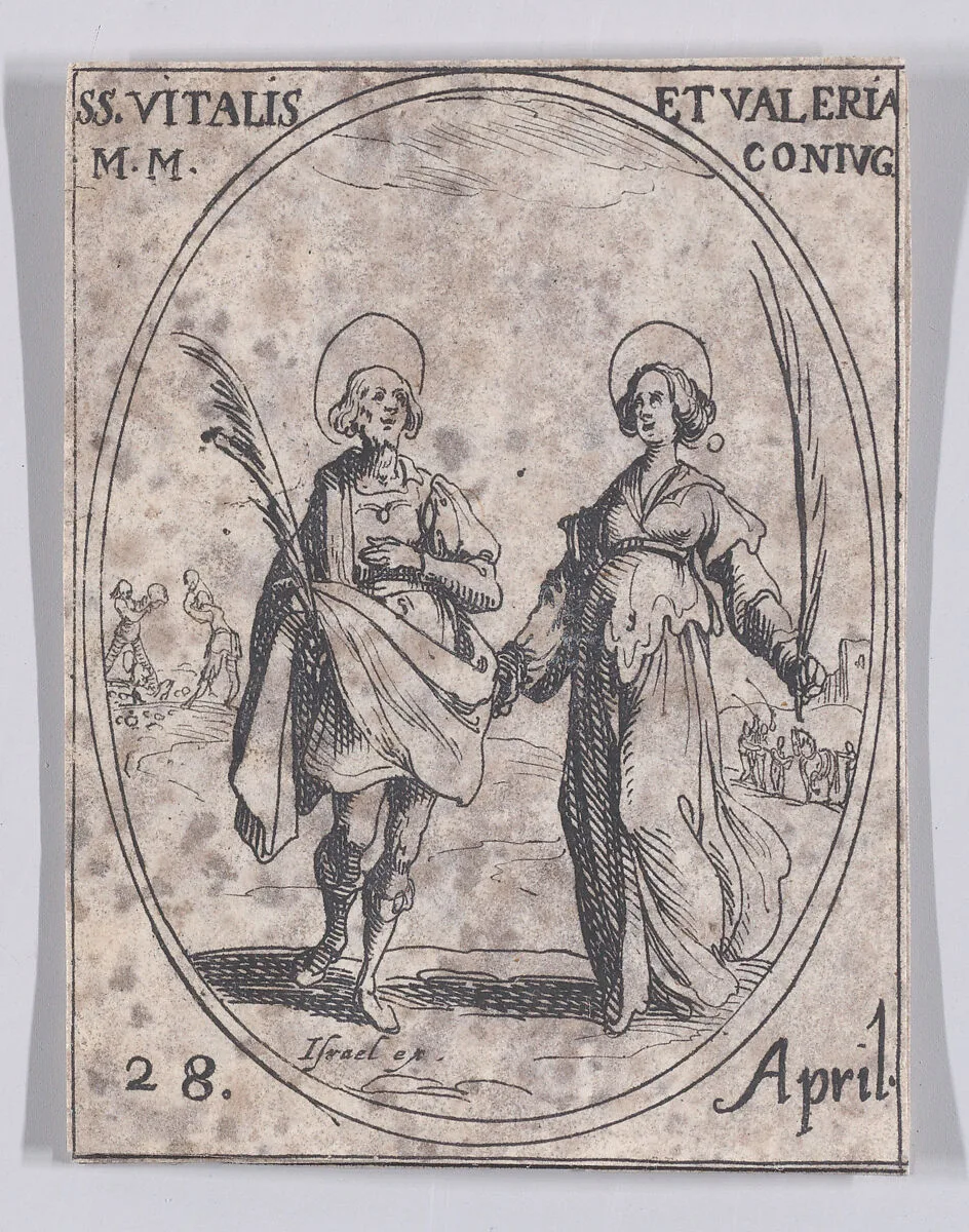 S. Vital et Ste. Valérie (St. Vitalis and St. Valeria), April 28th, from "Les Images De Tous Les Saincts et Saintes de L'Année" (Images of All of the Saints and Religious Events of the Year) — Jacques Callot|Israël Henriet