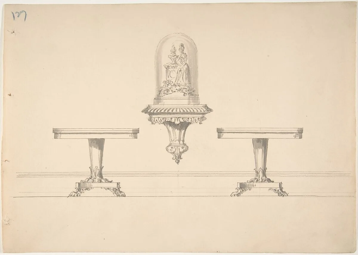 Design for Two Round Pedestal Tables and Rococo-style Carved Shelf Supporting a Clock under Glass — Anonymous, British, 19th century