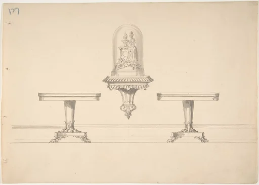 Design for Two Round Pedestal Tables and Rococo-style Carved Shelf Supporting a Clock under Glass