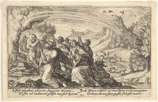 God enters into a covenant with Noah: next to a smoking pyre Noah kneels in a gesture of prayer, surrounded by members of his family, a rainbow stretches over them, from "Liber Genesis"