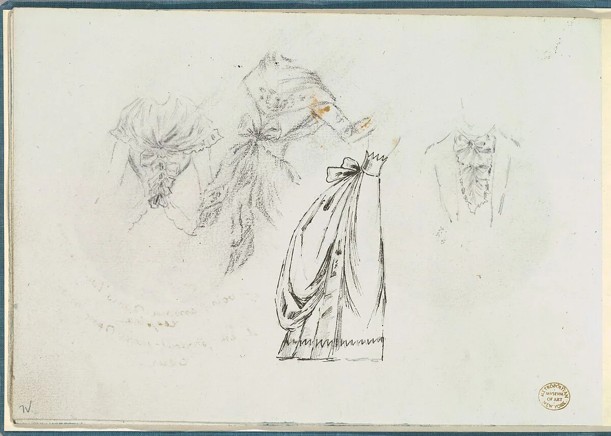 Sketches of Bodices with Bows and a Bouffant Skirt — Anonymous, French, 18th century|Antoine Caire-Morand|Anonymous, French, 19th century