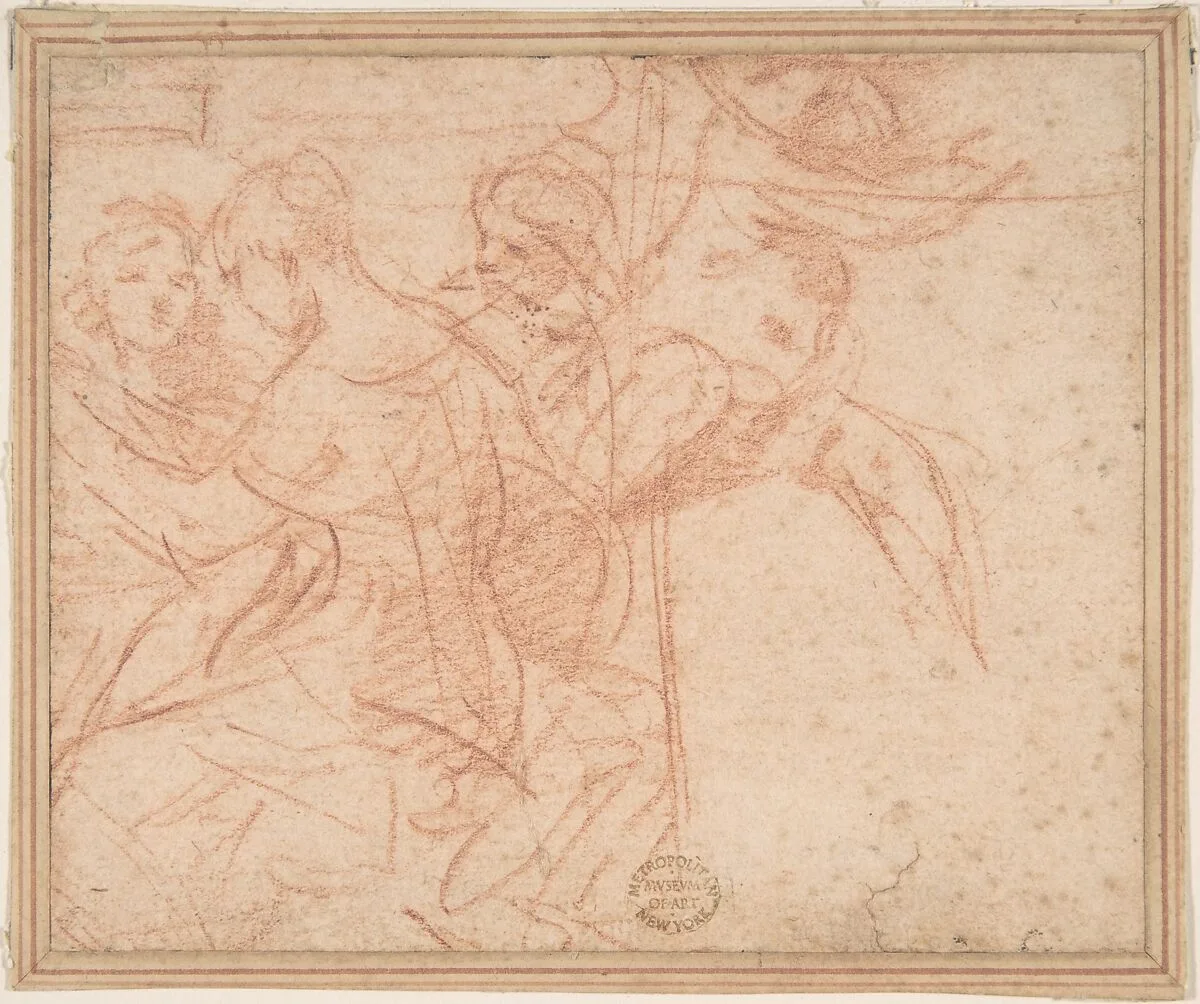 Three Female Figures and Seated Putto — Anonymous, Italian, Roman-Bolognese, 17th century