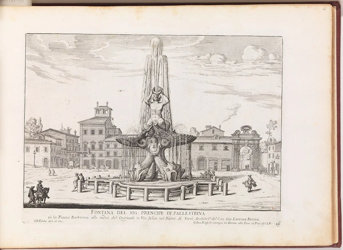 Fontana del Sig. Prencipe di Pallestrina (...). From 'La Fontane di Roma nelle Piazze e Luoghi Publici (...)'. — Giovanni Battista Falda|Giovanni Giacomo De Rossi