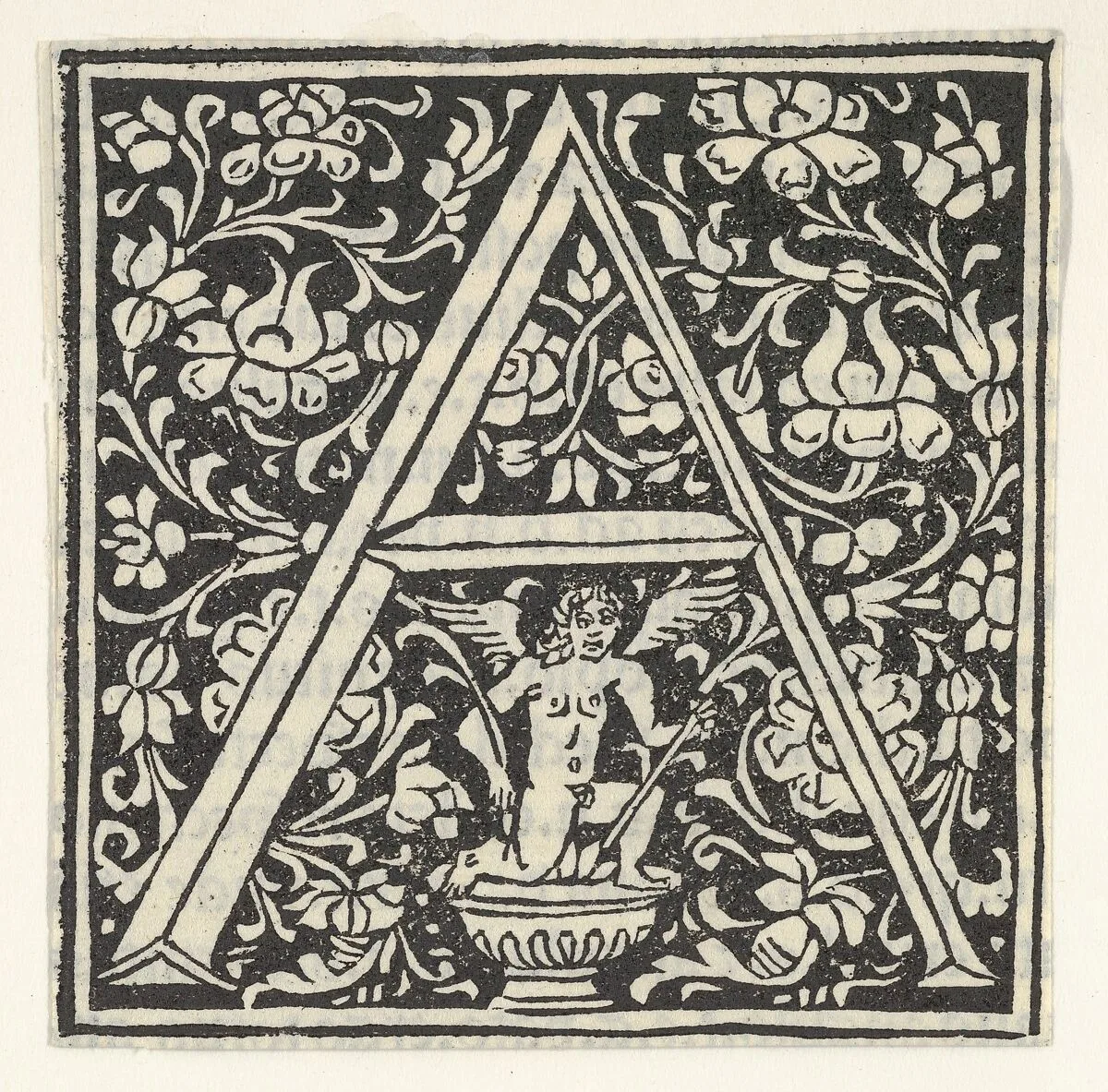 Initial letter A with putto — Anonymous, Italian, 15th century