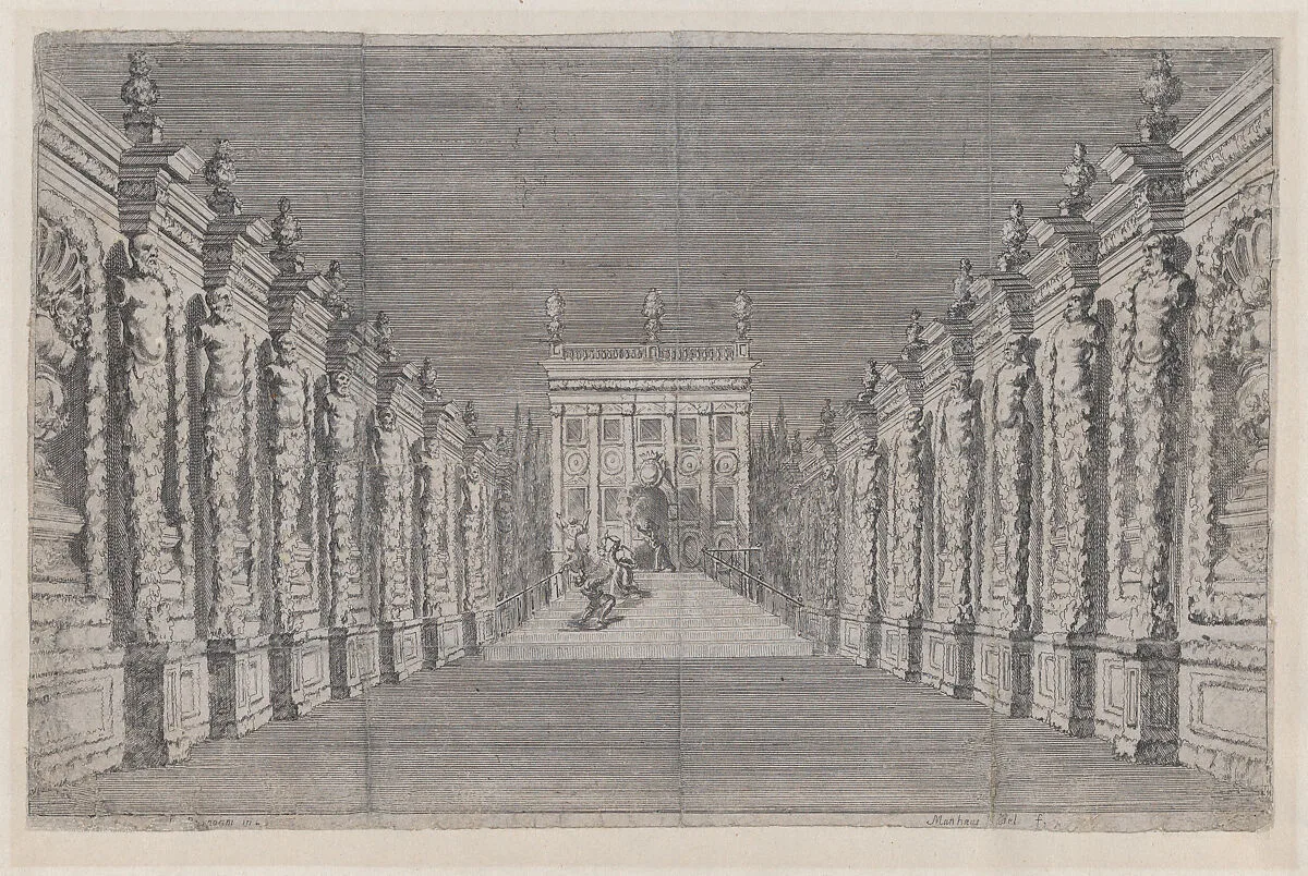Theatrical scene with four figures on a staircase in the distance, two of which are engaged in a brawl — Mathäus Küsel|Ludovico Ottaviano Burnacini