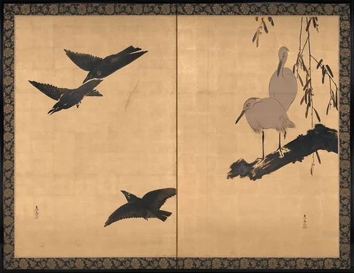 柴田是真筆 烏鷺図屏風|Egrets and Crows