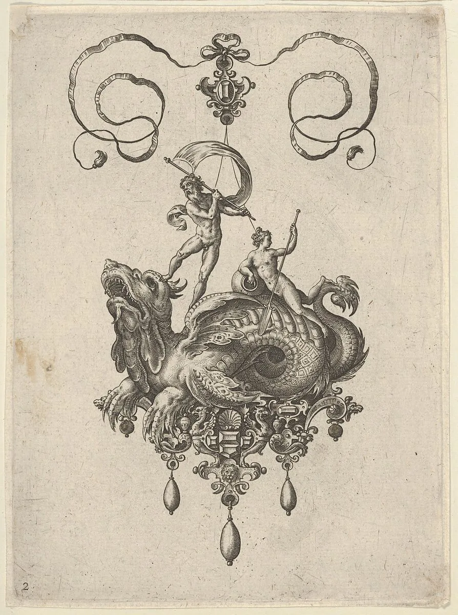 Pendant Design with a Sea Monster Ridden by Thetis and a Man with a Sail — Jan Collaert I|Philips Galle|Adriaen Collaert