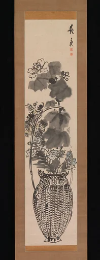 与謝蕪村筆秋草花竹籃図 |Autumn Flowers in a Bamboo Basket
