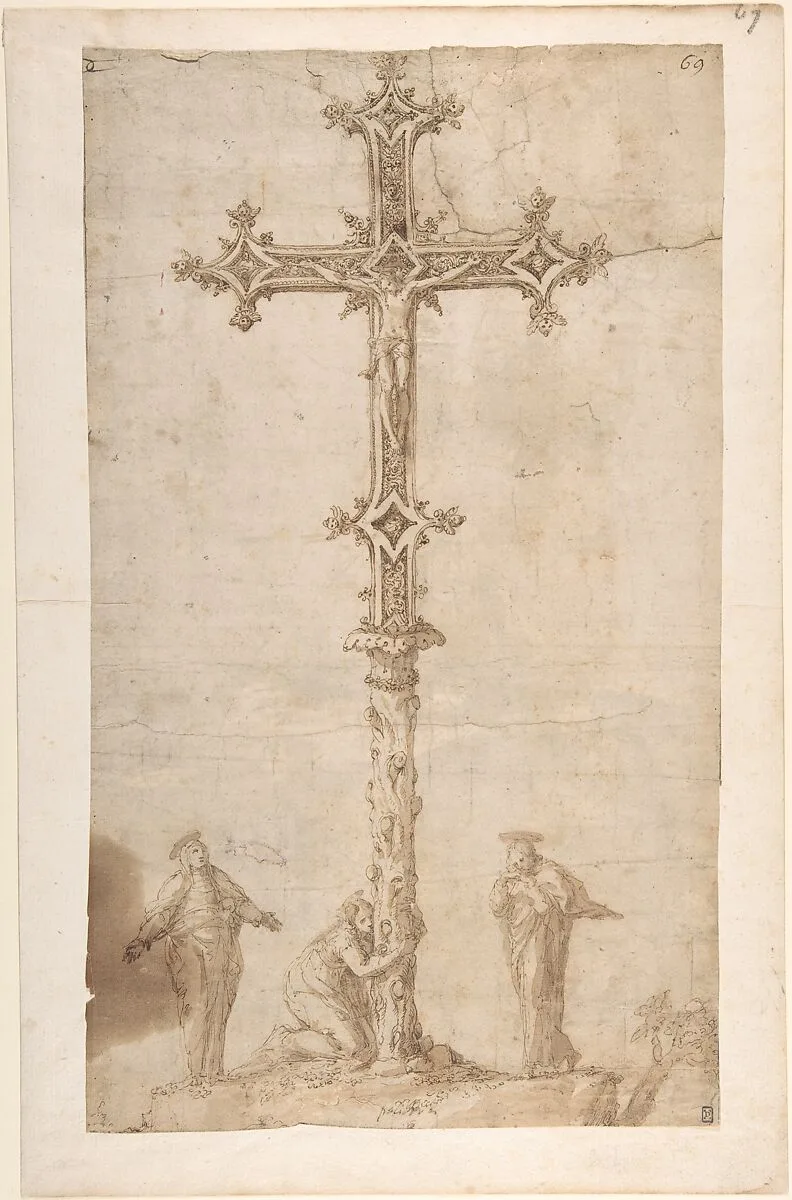 Design for a Crucifix with the Virgin Mary, Saint Mary Magdalen, and Saint John — Polidoro da Caravaggio