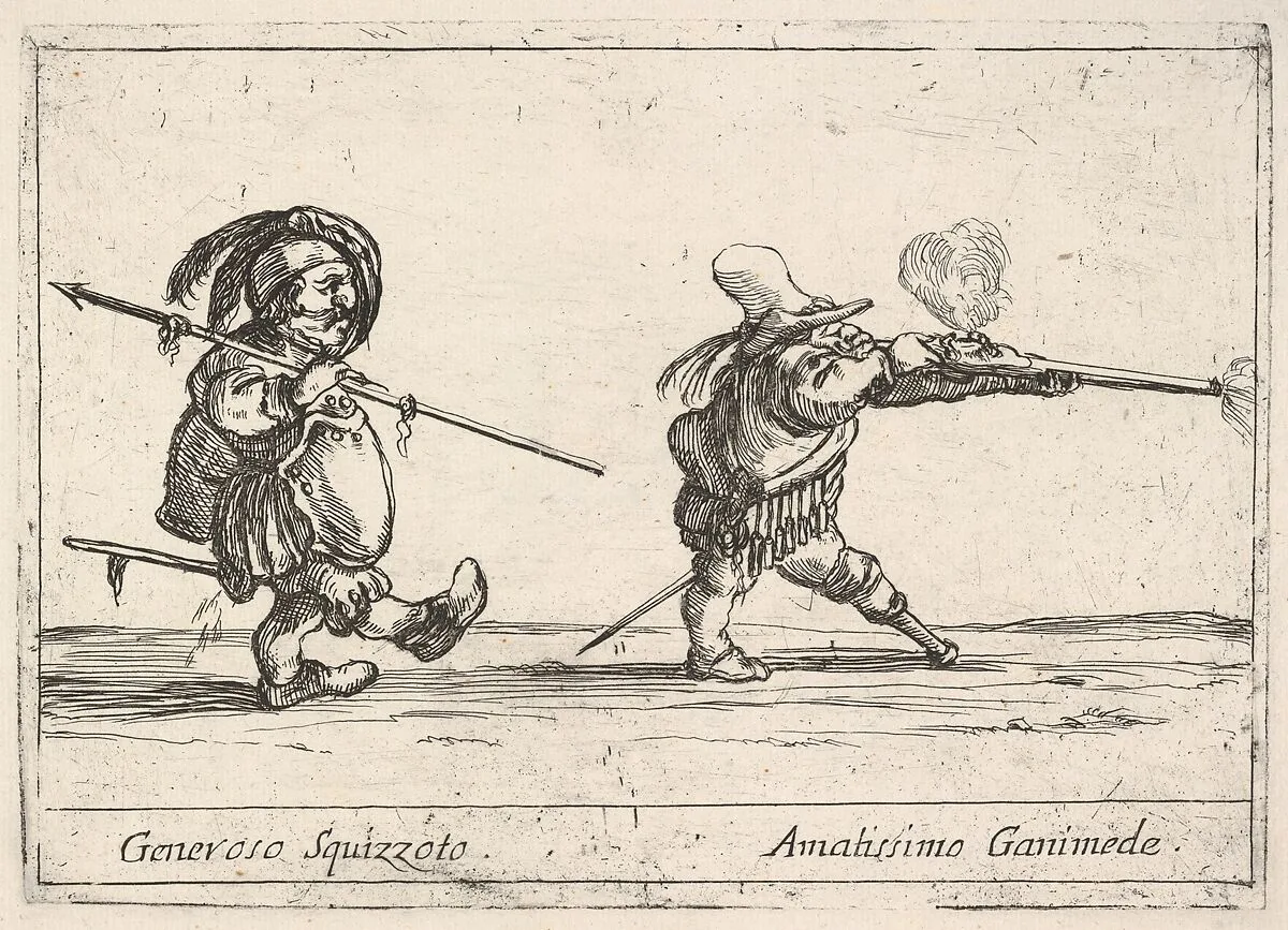 Callot figures; a dwarf man with a spear at left walking towards the right, another dwarf man with a pegleg firing a musket at right, 'Six grotesques' (Six pièces de figures grotesques) — François Collignon|Stefano della Bella|Agostino Mitelli II