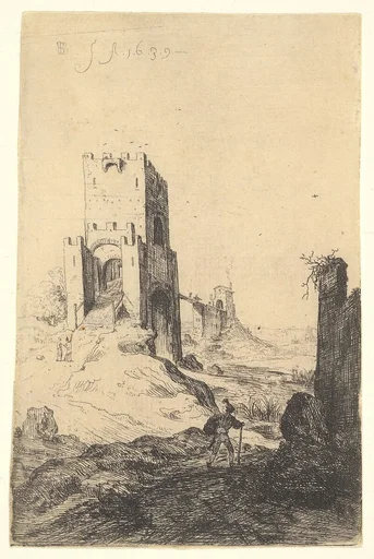 View of Ponte Mammolo, a bridge in the background, a tower with ramp in the middle ground, a man with a walking stick in the foreground, from the series 'The Ruins of Rome'
