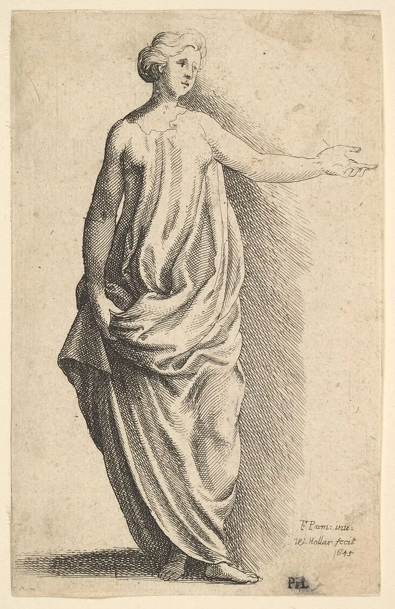 Standing female figure in loose classical robe, with arm outstretched — Parmigianino (Girolamo Francesco Maria Mazzola)|Wenceslaus Hollar